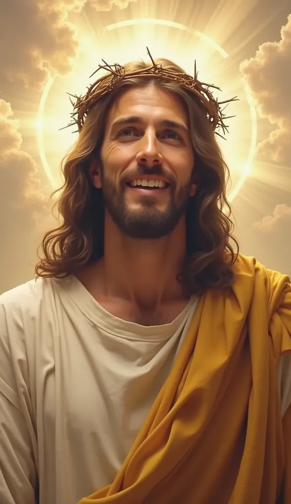 An image of Jesus Christ very close to the screen, visible only from the chest up, staring intently at the viewer, as if face to face. He has an expression of joy and compassion, wearing a white tunic with a golden sash. His arms are resting naturally at h...