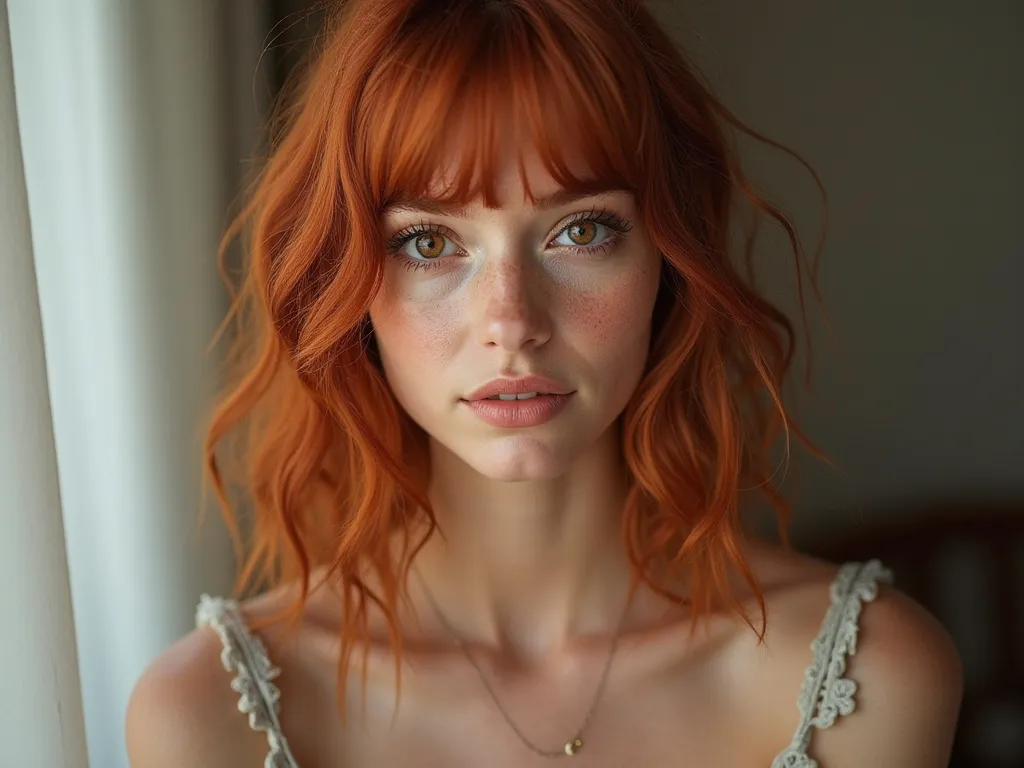 A 24-year-old woman 1,64, White few freckles, brown eyes, big boobs, wavy red hair with bangs, at shoulder height, about 75 kg, sexy and spicy photos that are more realistic