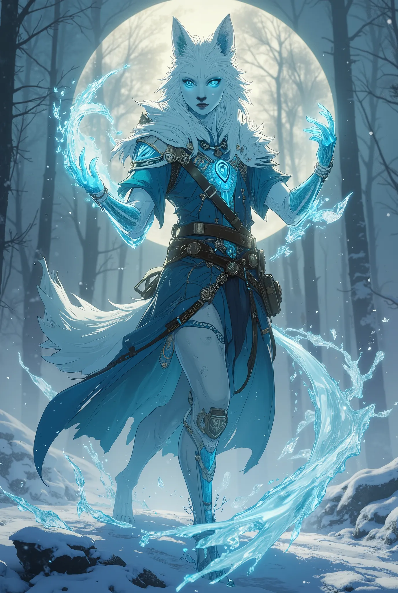 Elemental Ice Wolf Spirit, Body made of snow and ice, Ice Spirit, scenario field like a battle,  Ice Spirit,  aura de magic, magic, dark fantasy genre, magic,  soldier,  dancing ,  8K quality,  a very detailed face,  kinematic
