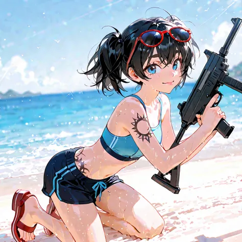 score_9, score_8_up , score_7_up , score_6_up , score_5_up , score_4_up , 4K, 8k,  1girl , Alone, erotic face ,erotic, submachine gun ,Black short twintails ,blue eyes,blue  jogging bra, black hot pants,red beach sandals,face focus, depth of field,Oversize...