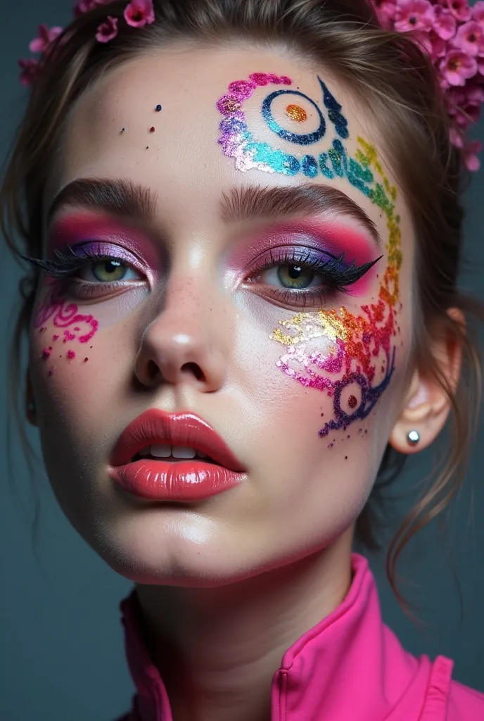 make an avangard makeup look but make ir airbrushed no harsh lines and in corporate spirals and use soft but bright colors cool oe warm toned make the spirals in black and thin line not thick but make it more creative and fun use glitter and multiple color...