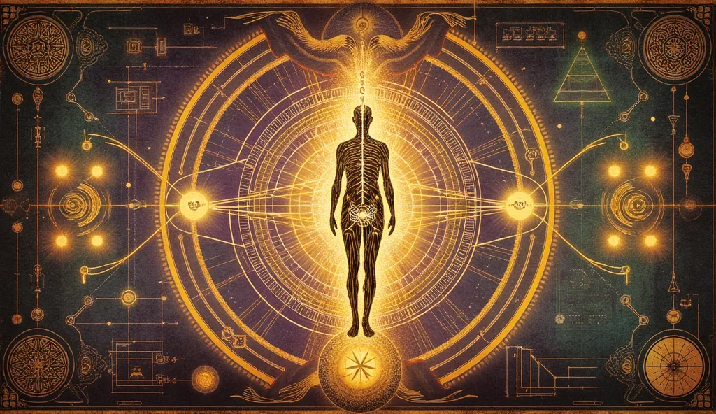 The composition centers on a detailed illustration of a human figure, outlined in bright energy lines, set against a textured, aged background. Surrounding the figure are various geometric shapes, circles, and symbols, enhancing the spiritual and scientifi...