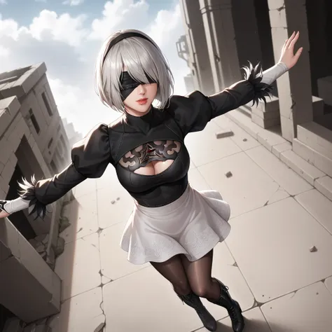 score_9, score_8_above, score_7_above, 32 mil ,masterpiece, dancing, 
realistic photo, saboveer detail,  vibrant colors,  light-dark lighting, cinematic lighting,
 1 woman,  inspired by Nier Automata 2B,
bob cut, gray hair, fringe,  birthmark under the mou...