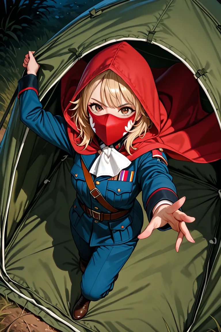 1girl, young adult girl, short blonde hair, spiky hair, brown eyes, white handkerchief mask, atletic body, tall stature, jumping attack, wearing blue military uniform, 1910's style british military uniform, red hood, night tent, absurdres, high resolution,...