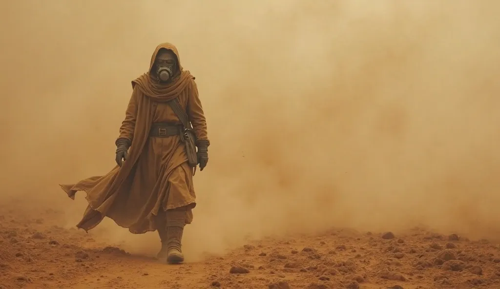 In darkness A lone figure draped in a tattered cloak trudges through a toxic sandstorm, his breathing mask barely filtering the swirling dust. His boots sink into the cracked, barren earth, devoid of natural light for centuries