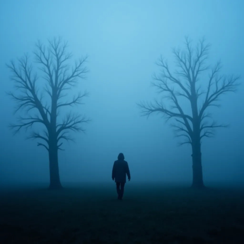 A solitary figure, positioned slightly to the center-left of the image, walks across a misty, dark-blue field at dawn or dusk. The figure is a silhouette, appearing indistinct, wearing dark clothing.  Barely visible trees with skeletal branches are present...