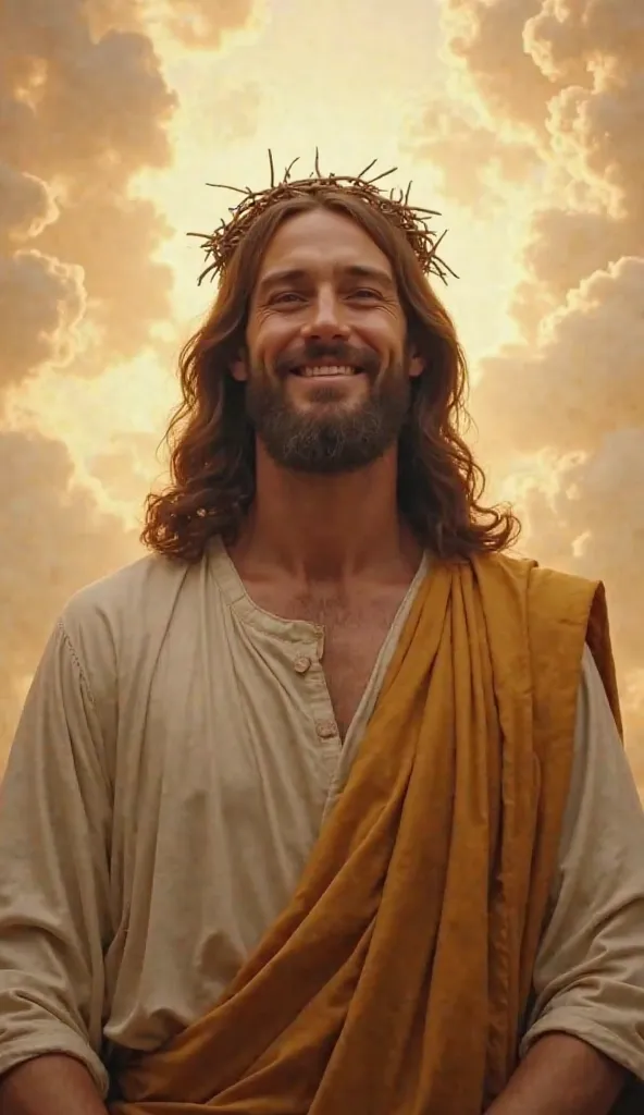 An image of Jesus Christ very close to the screen, visible only from the chest up, staring intently at the viewer, as if face to face. He has an expression of joy and compassion, wearing a white tunic with a golden sash. His arms are resting naturally at h...