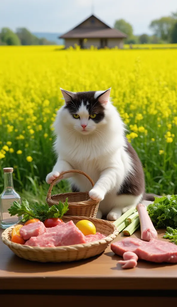 A fluffy black-and-white cat with human-like expressions, focused and curious, standing beside a wooden table, selecting fresh ingredients from a woven basket, the background is a lush green mustard field under soft sunlight, with a traditional countryside...