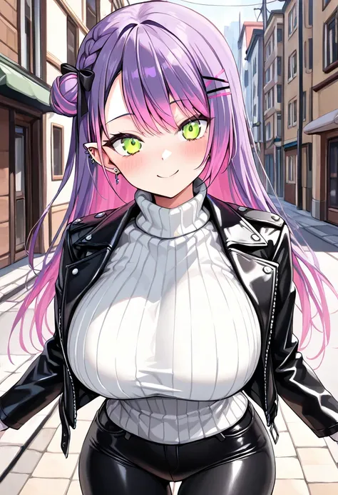 (Best Quality , 8k , masterpiece , incredibly absurdres , perfect body , super detailed skin , highly detailed eyes and face , 1 woman ) , tokoyami towa , purple Hair , Green eyes , smile ,  will be happy , ( black leather jacket , white turtleneck sweater...