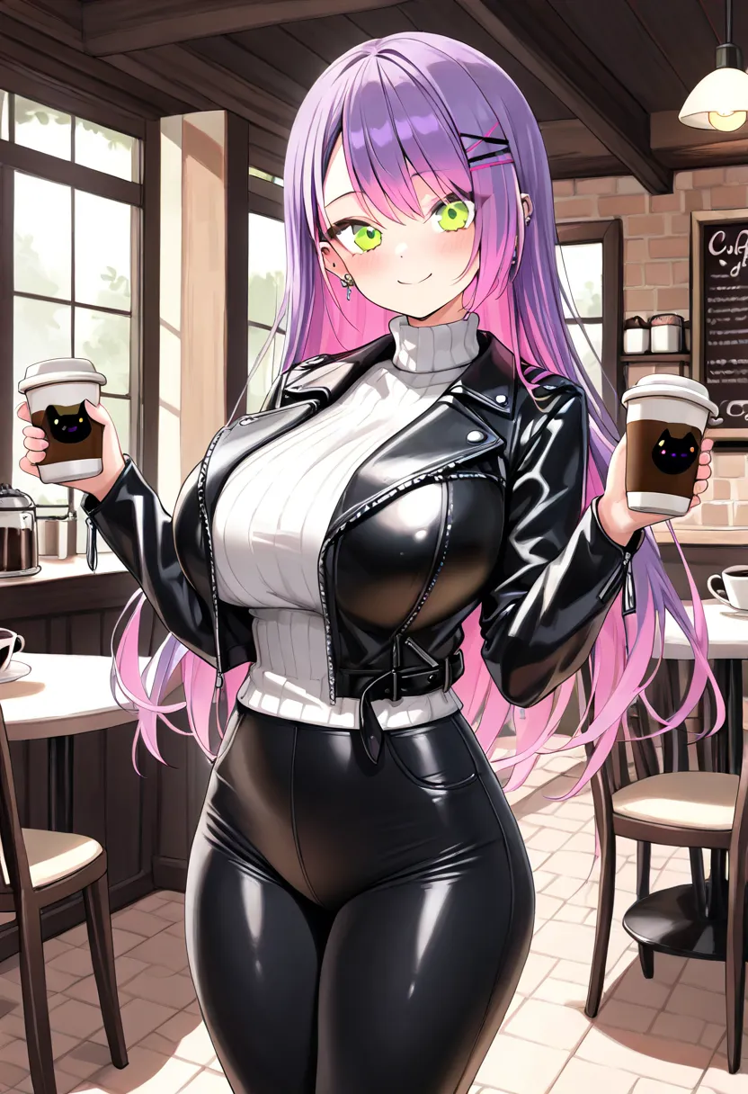 (Best Quality , 8k , masterpiece , incredibly absurdres , perfect body , super detailed skin , highly detailed eyes and face , 1 woman ) , tokoyami towa , purple Hair , Green eyes , smile ,  will be happy , ( black leather jacket , white turtleneck sweater...