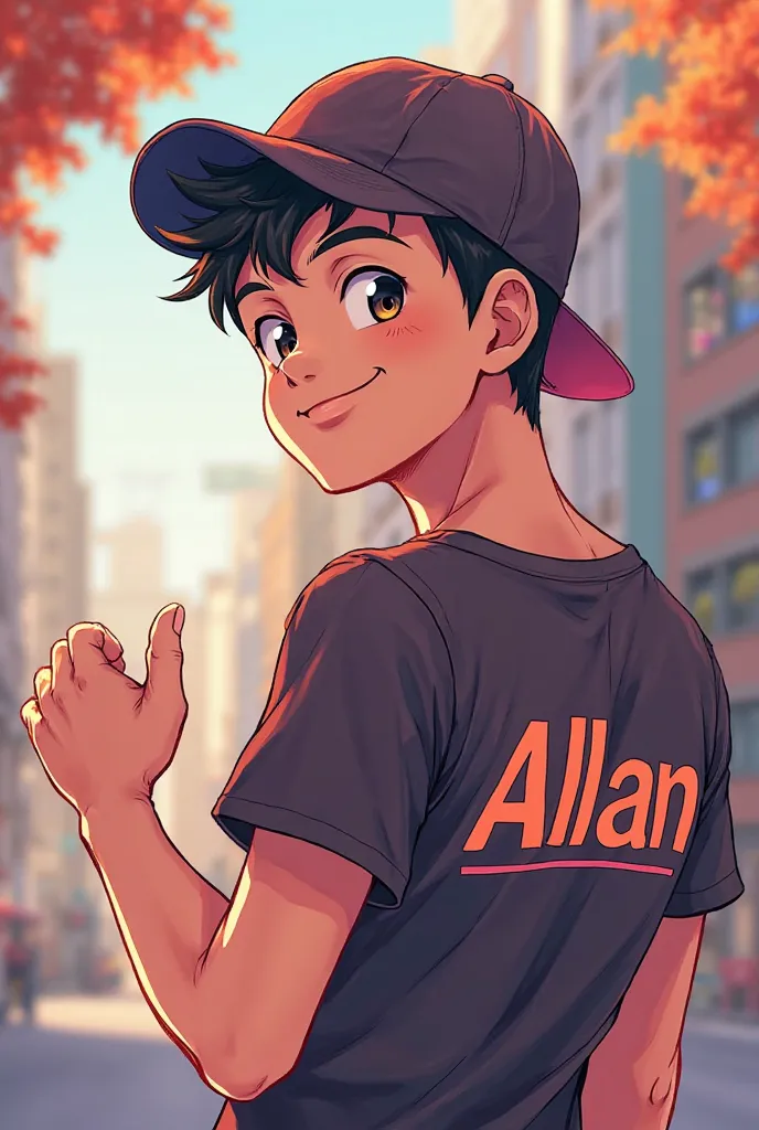 Generate an image of an anime guy with the name allan at the back of his shirt and he's wearing a backwards cap in a thumbs up pose

