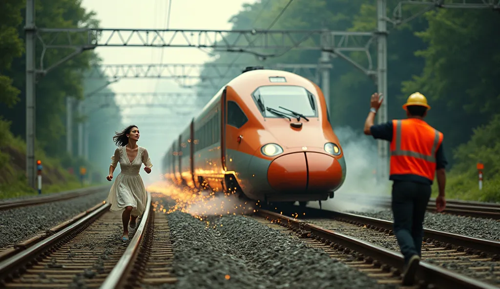 A bullet train crashes onto the tracks, sparks flying, metal bending and smoke billowing. A young woman in a white dress runs away from the tracks, a terrified expression on her face as she runs forward as if escaping the train. A construction worker in an...