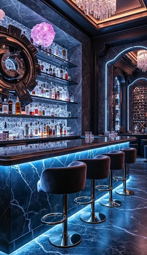 A luxurious indoor bar with a sleek black marble counter veined with glowing crystal fragments. Human-sized natural crystals in each corner emit a soft, ambient light in shades of blue and violet, enhancing the futuristic atmosphere. Floating glass shelves...