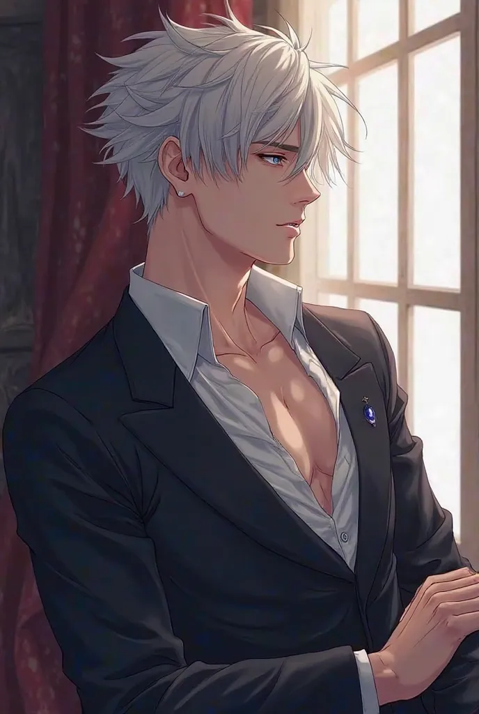 A handsome miqo'te inspired male. His hair is short and silvery white in color. He was leaning and looking out the window with a somber look on his face. He is wearing a formal wear with an unbuttoned shirt showing his seductive masculine form.