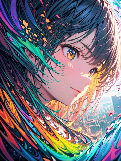 (masterpiece, Best Quality, official art:1.2), (colorful), perfect anatomy, and stare at the audience,one girl, alone, white background, floating colorful water, Ultra Precise Illustration,  High Details , Dynamic Angle,  beautiful detailed , 32K, 壊す smili...