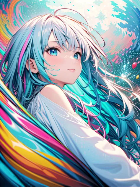 (masterpiece, Best Quality, official art:1.2), (colorful), perfect anatomy, and stare at the audience,one girl, alone, white background, floating colorful water, Ultra Precise Illustration,  High Details , Dynamic Angle,  beautiful detailed , 32K, 壊す smili...