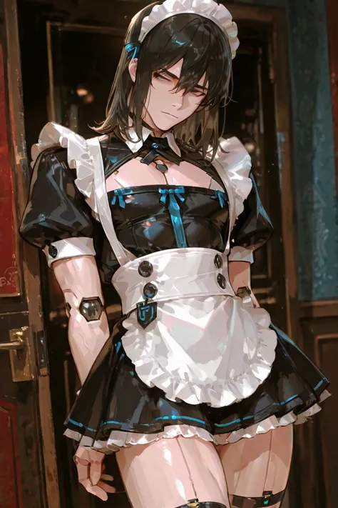 masterpiece, newest, absurdres, safe Solo, high detailed, male, handsome masculine male, Sexy male. Masculine male. Handsome Male, sexy male, Seductive, android, android body, android joints, android maid, black hair, sexy, maid outfit, maid miniskirt, bla...