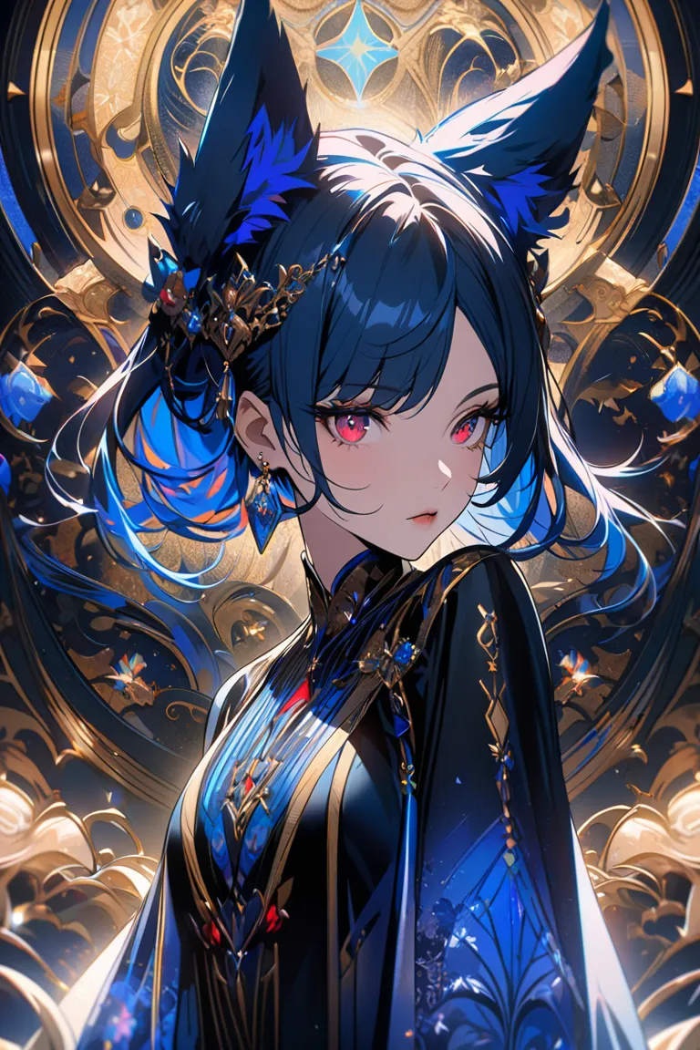 ( woman )  of the best masterpiece :1.5)0.9], () ( Loose blue hair:1.1) (red eyes:1.2) (blue fox ears:1.0) ( Colored stars in the eyes:1.0) (black suit with blue patterns:0.9) (neko lisa)