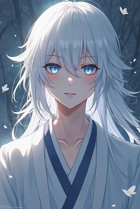 Adult boy anime character,  with white hair, long hair,  straight hair, blue eyes, beautiful, charming, design,  Japanese anime .