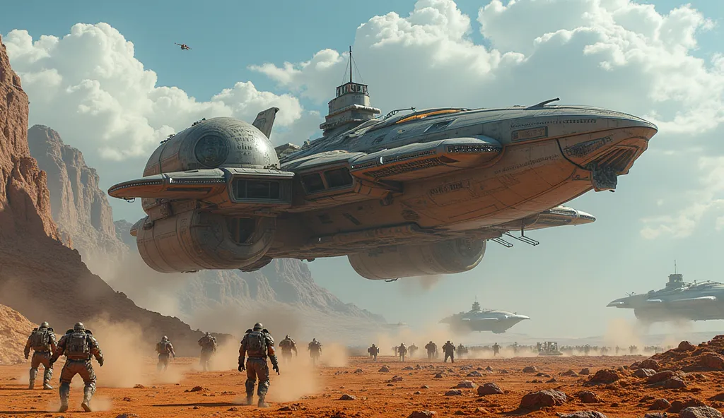 Ultra-Photorealistic Sci-Fi Masterpiece — 12K

A colossal spaceship from the future, designed to transport troops, floats over an arid alien landscape. Its imposing structure has six huge lateral propellers, similar to a combat quadcopter, that generate a ...