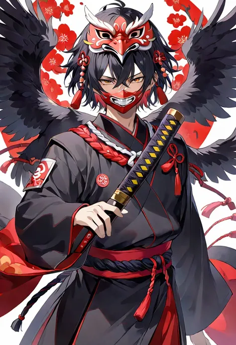 1 male、black tengu costume  、    tengu mask、         black hair、    short hair、   amazing 、     