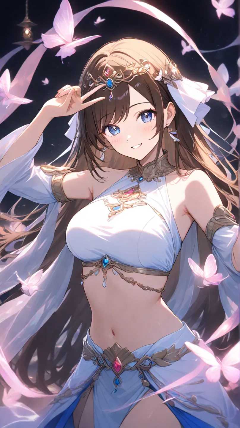 high quality　best image quality　Super Detail　high quality　4k 8k white dancer 　long brown hair　  pink flower hair ornament  　 medium breasts　 　  smile face　 eat