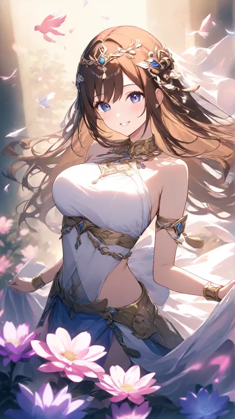 high quality　best image quality　Super Detail　high quality　4k 8k white dancer 　long brown hair　  pink flower hair ornament  　 medium breasts　 　  smile face　 eat