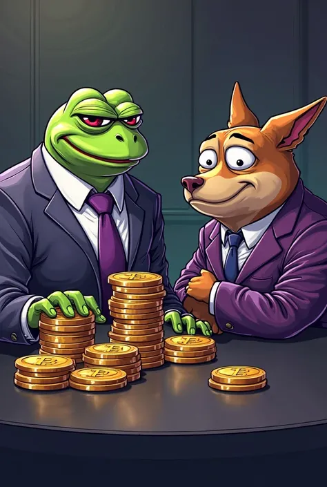 A high-quality, vibrant digital illustration of Pepe the Frog and Doge sitting at a sleek black table, dressed in sharp business suits. Pepe wears a white dress shirt with a purple tie, confidently stacking gold Bitcoin coins with a smug, satisfied smile. ...