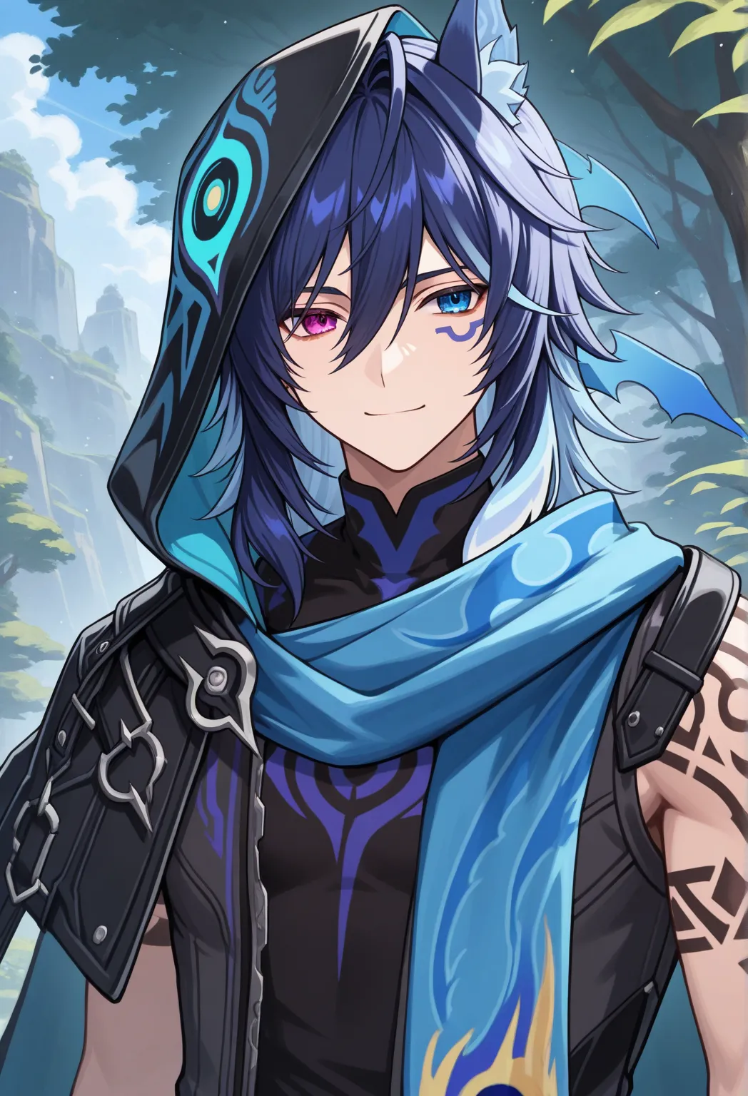 masterpiece, best quality, 
ororon, 1boy, male focus, solo, heterocromia, purple eyes, blue eyes, blue hair, two-tone hair, long hair, hair between eyes, animal ears, animal ear fluff, bat ears, facial mark, tattoo, arm tattoo, shirt, black shirt, print sh...