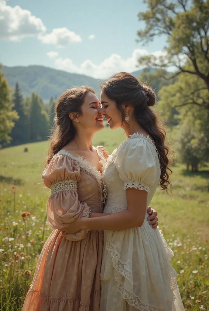 Realístic photo, picnic outdoor, young beautiful couple, dressing with early XIX Century costume, full body view, laughing