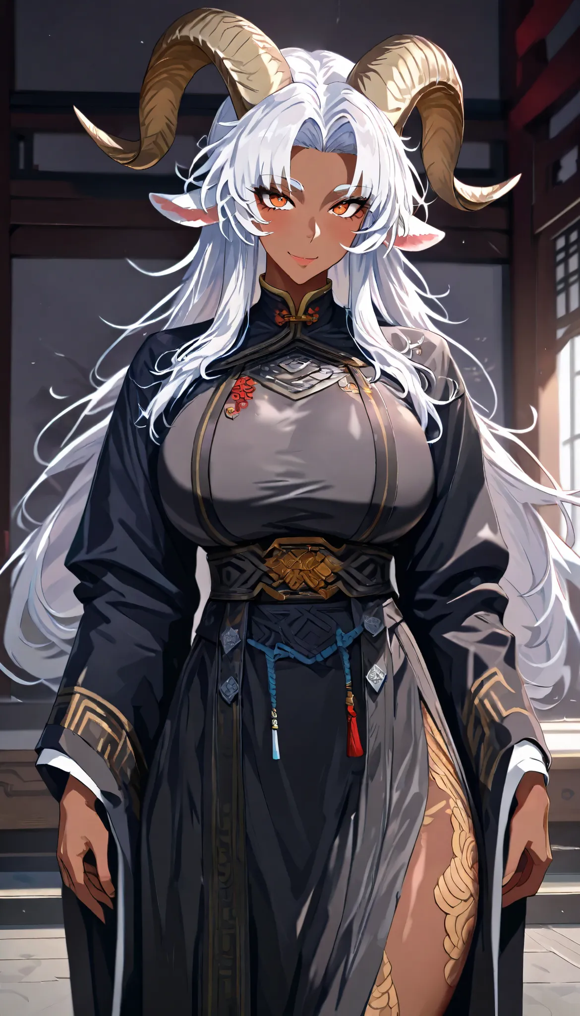 A Goat Female, Mature flavor, Goat Ears, Dark skin, Perfect body, Oppai,A pair of Goat horns(brown), (White long hair, curtained hair, messy hair),orange eyes, Wearing A Black and Grey Taoist Robe, Open pose,seductive smile, In A Chinese Classic Temple, UH...