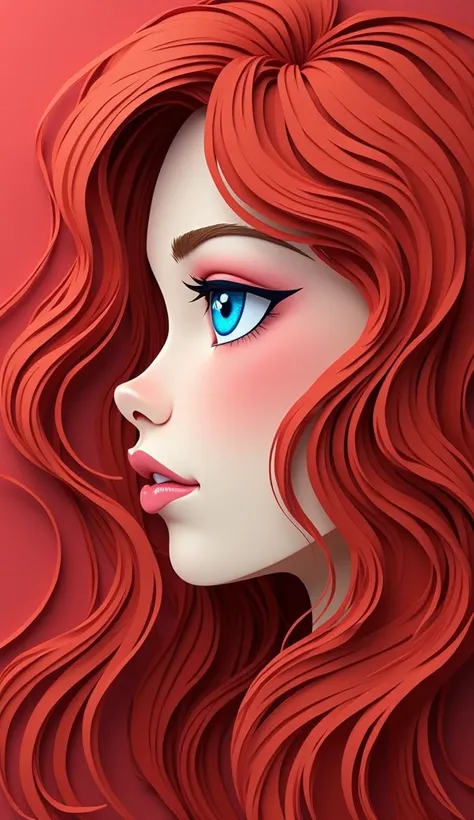 paper_cut，(illustration: 1.3), paper art, 3D rendering of, Red background, (Beautiful side face, blue eyes: 1.3), (flor branca: 1.2), Colorful, Best quality, Detailed details, Masterpiece, official art, movie light effect