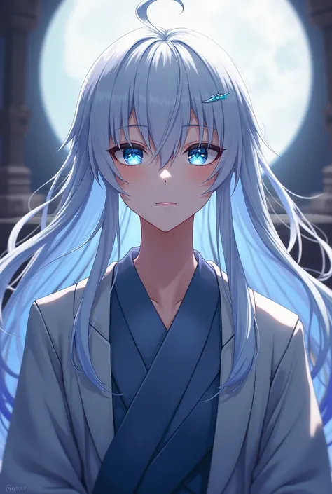 Adult boy anime character,  with white hair, long hair,  straight hair, blue eyes, beautiful, charming, design,  Japanese anime .