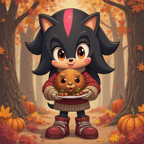 OC Angie Hedgehog black hair with pink stripe 
Brown eyes, she is wearing a sweater and long pants, tights and boots and is seen on Thanksgiving holding the turkey with the face of creatures from the 90s