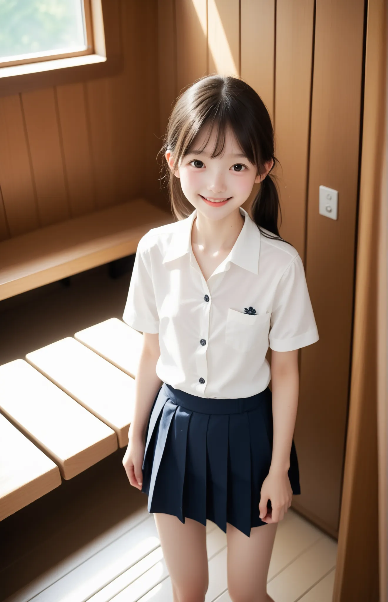  score_9,  score_8_ up,  score_7_ up,cute girl,sunlight,school uniforms,slender,thin body,Young, young and cute girl with her dad,(  white skin:1.0),blouse buttons off,shot from above,  body, bathhouse changing room, is nice,smile:0.1