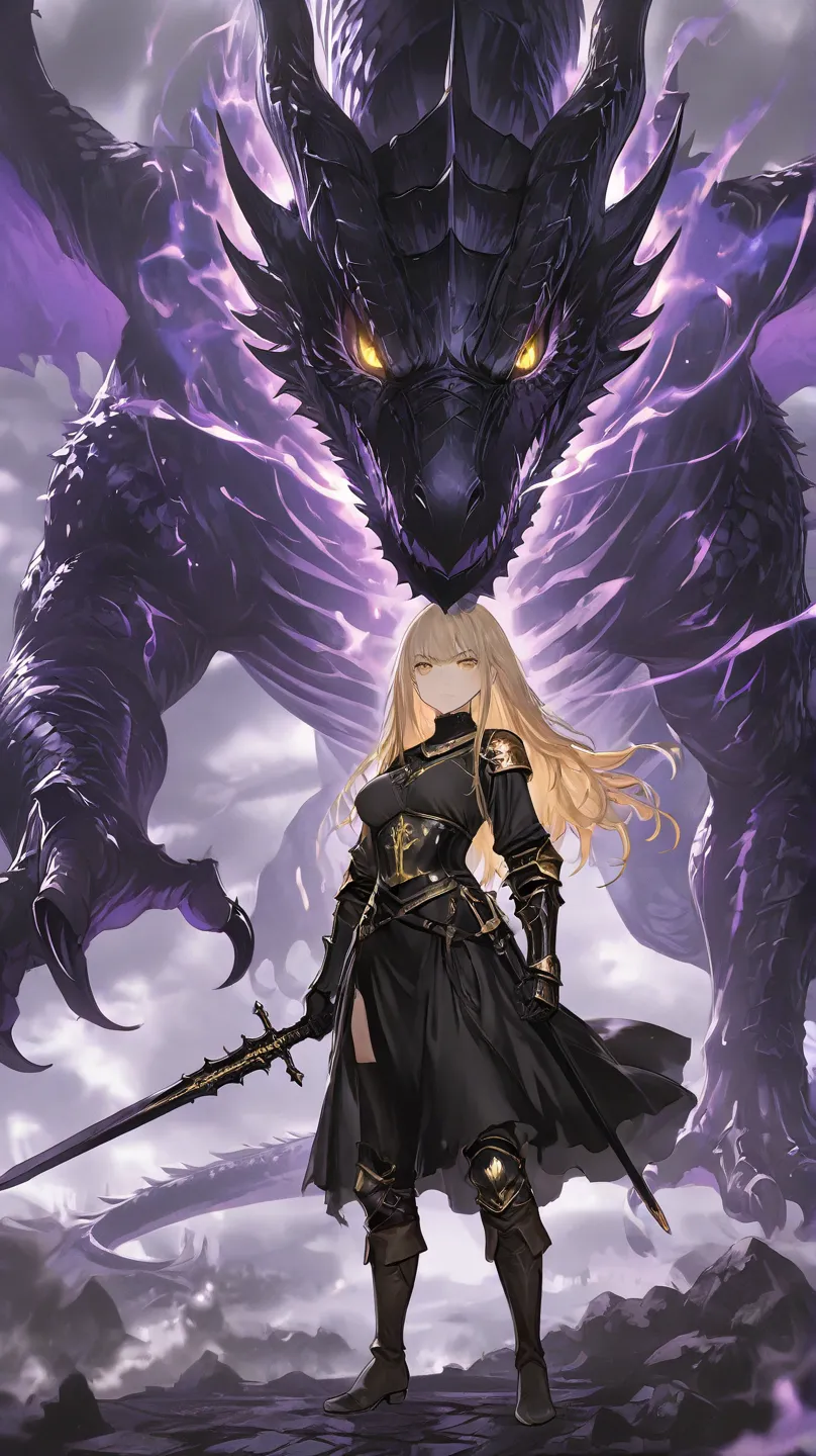 female 30 year old with long blond hair and gold eyes wearing medieval black gauntlets and boots and a black shirt while looking intimidating with a black sword in her hand, large purple eldritch dragon in  the background behind her, high detail, high qual...