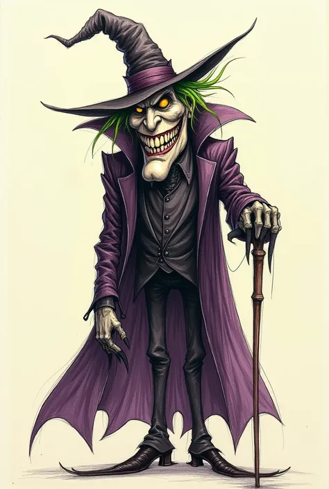 GENERAL COMPOSITION
The image shows a hand-drawn illustration of a character with a sinister and elongated appearance. This is a male figure with a smile Macabre and exaggerated, dressed in a long and elegant outfit that evokes a Gothic or classic villain ...