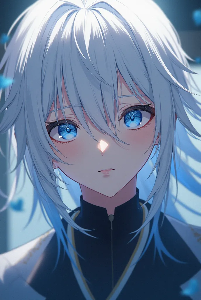 Adult boy anime character,  with white hair, long hair,  straight hair, blue eyes, beautiful, charming, design,  Japanese anime .