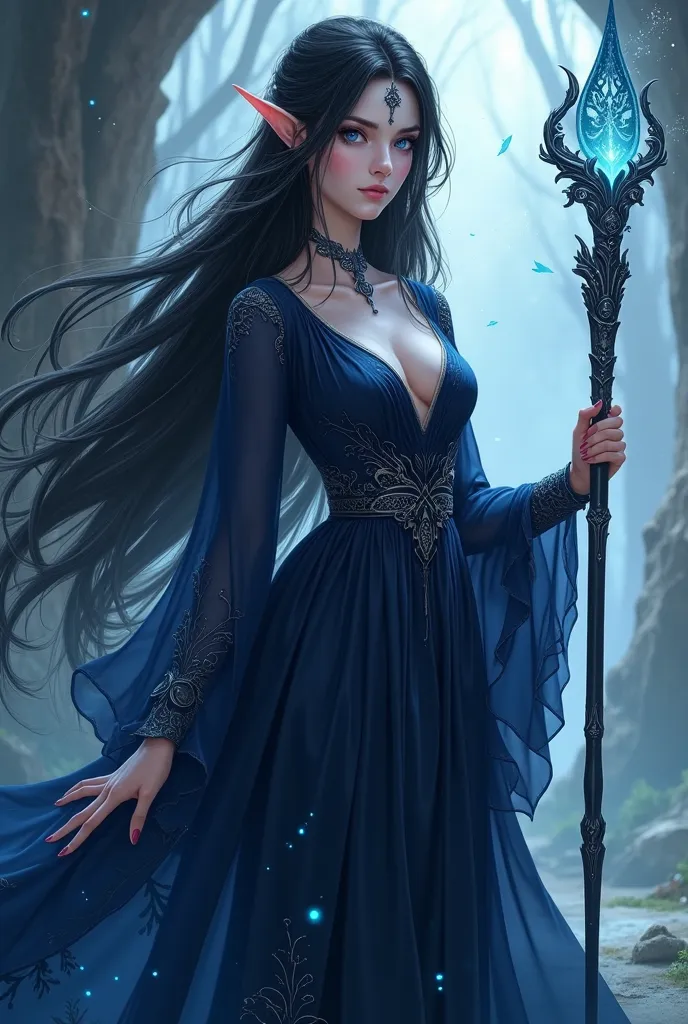 An anime-style character ,elf woman , long black hair, dark blue eyes, dark blue maga dress with a scepter.