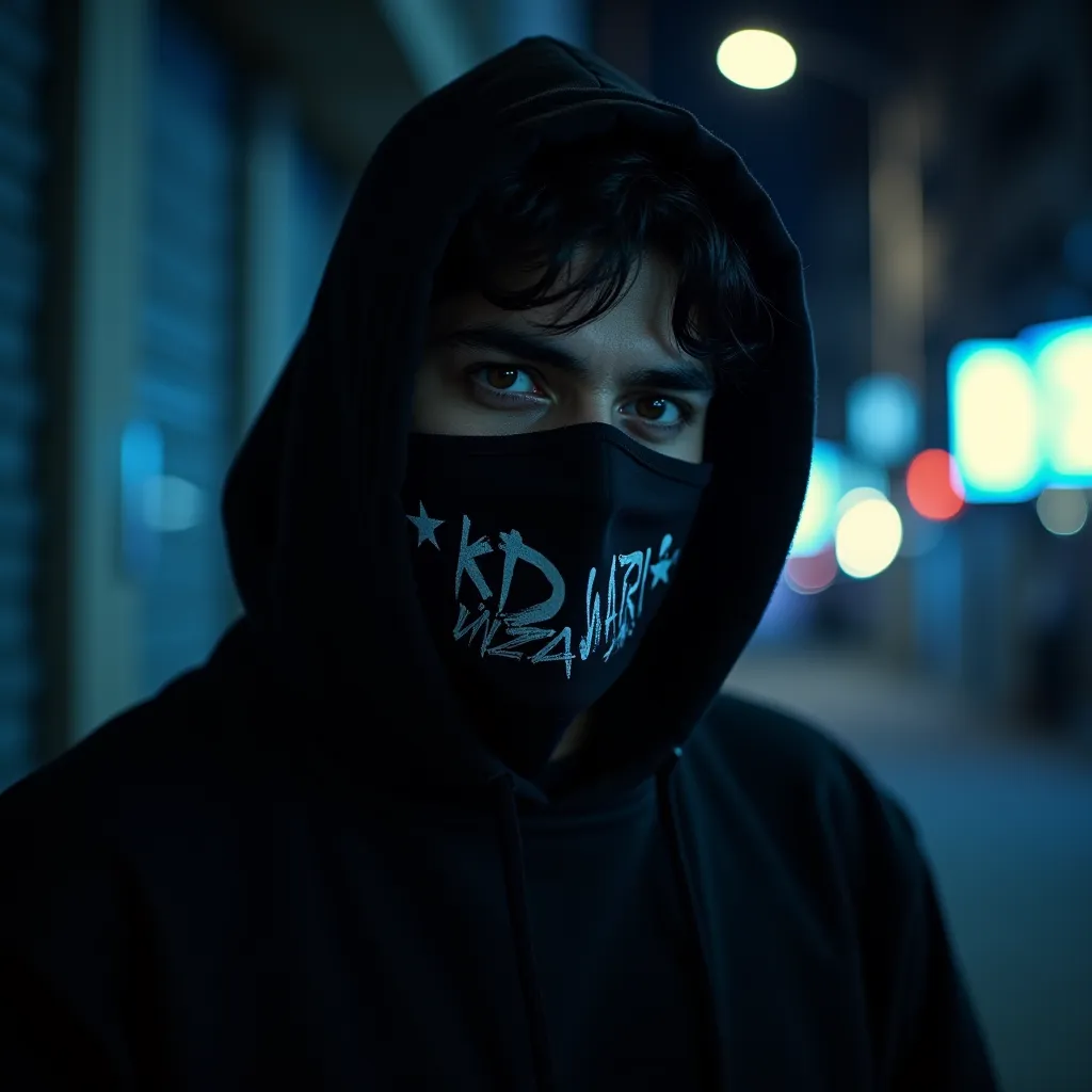 A close-up portrait of a masked rapper with a black hoodie, standing in a dark alley with Karachi city lights glowing in the background. His face is partially hidden by shadows, with intense eyes staring directly into the camera. The mask has subtle graffi...