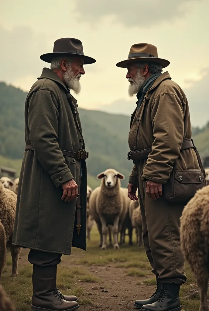 Two old clothes man fighting and the sheep's around 