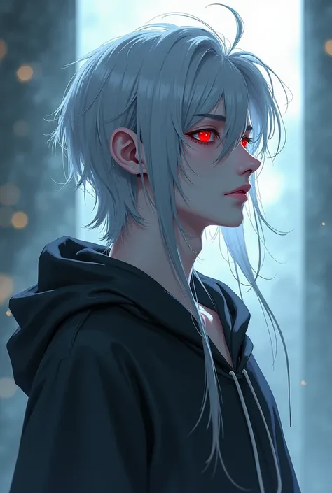 homme、 beau、peau claire、Cheveux gris、Long nape mash hair、yeux rouges、délicat、ange、hoodie、anime、Mafumafu