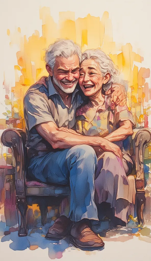 watercolor painting of a kneeling man crying in the embrace of a very old woman. the kneeling man is sad, crying, weeping in tears. the old woman is seated on a chair, smiling warmly, hugging the kneeling man. full body shot of the two people. warm glow su...