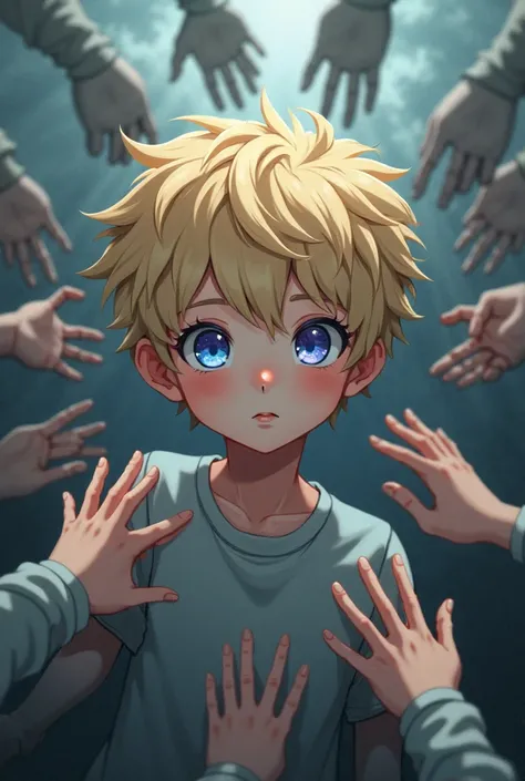 A blond haired boy with blue and purple eyes color who is tearing a lot of hands t 
Is and is crushed anime style cute fearful calm