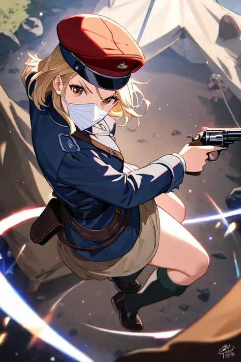 1girl, young adult girl, short blonde hair, spiky hair, brown eyes, white handkerchief mask, atletic body, tall stature, holding revolver, jumping attack, wearing blue military uniform, 1910's style british military uniform, red cap, night tent, absurdres,...