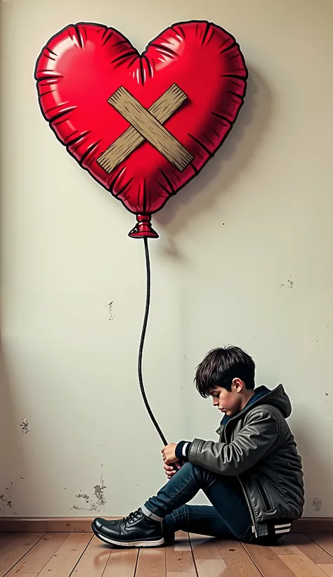  Create an ultra realistic image , em 4k, in drawing,  Comic book style : a wall with a drawing of a heart balloon with a bandage and a boy wearing Decon biker clothes from Days Gone sitting on the floor holding that balloon by the rope 