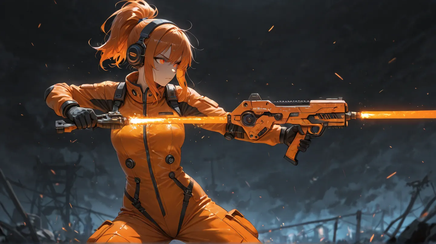 mech female, disheveled hair, (sidelocks), shiny orange hair, (high ponytail hair :1.5), medium hair, futuristic exoskeleton, futuristic instrumentation, (orange futuristic jumpsuit), (deboss processing decoration on body), (headphones gear), glowing orang...