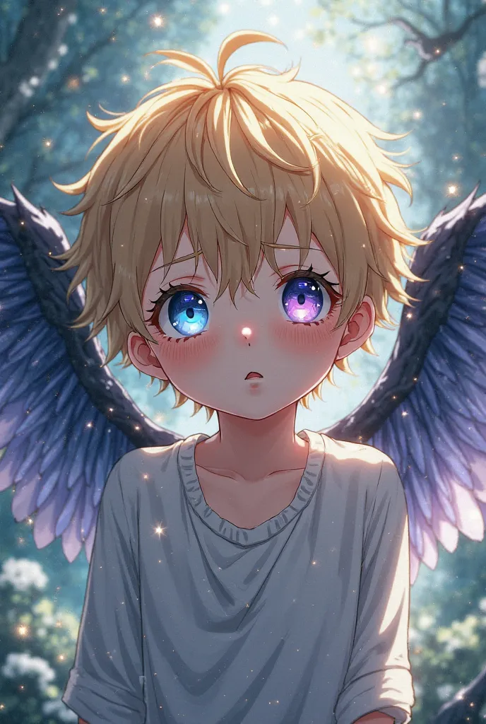 A blond haired boy with blue and purple eyes color the one with broken black wings
Is and is crushed anime style cute fearful calm