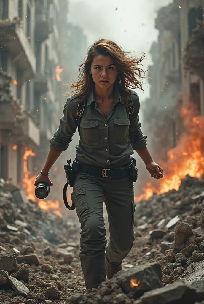 A woman wearing grey shirt and trouser saving amanouA woman wearing grey shirt and trouser saving a man from the fire and rubble and collapsed building