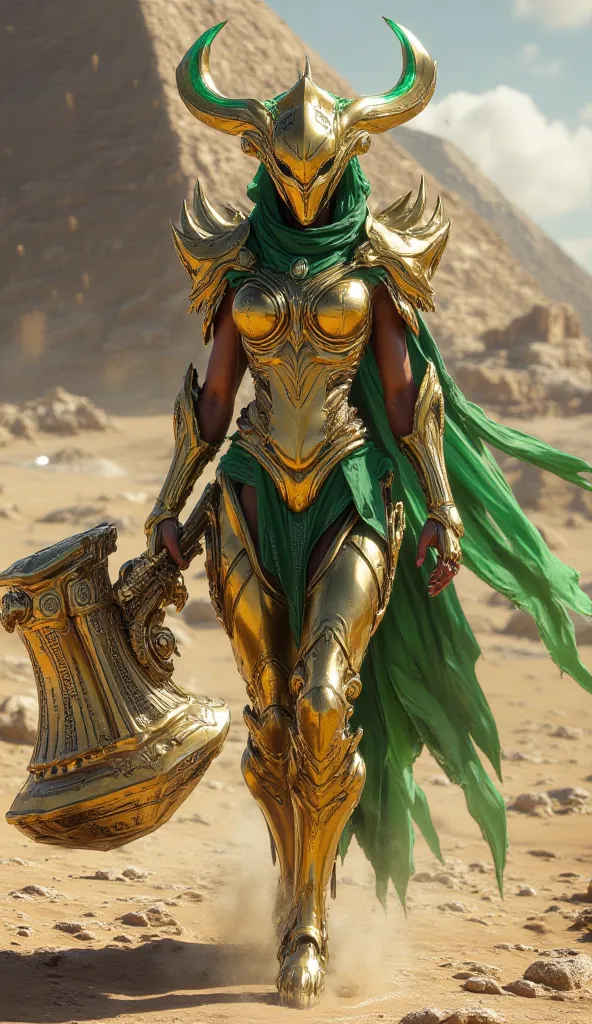 Look: A majestic warrior wearing golden armor with emerald accents. Her full-head helmet is shaped like a bull's head, with horns tipped in emerald.
Weapon: A massive golden hammer with glyphs of strength and the Taurus zodiac.
Setting: Walking through the...